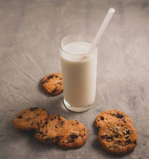 glass of milk and cookies with chocolate on a gray concrete background
