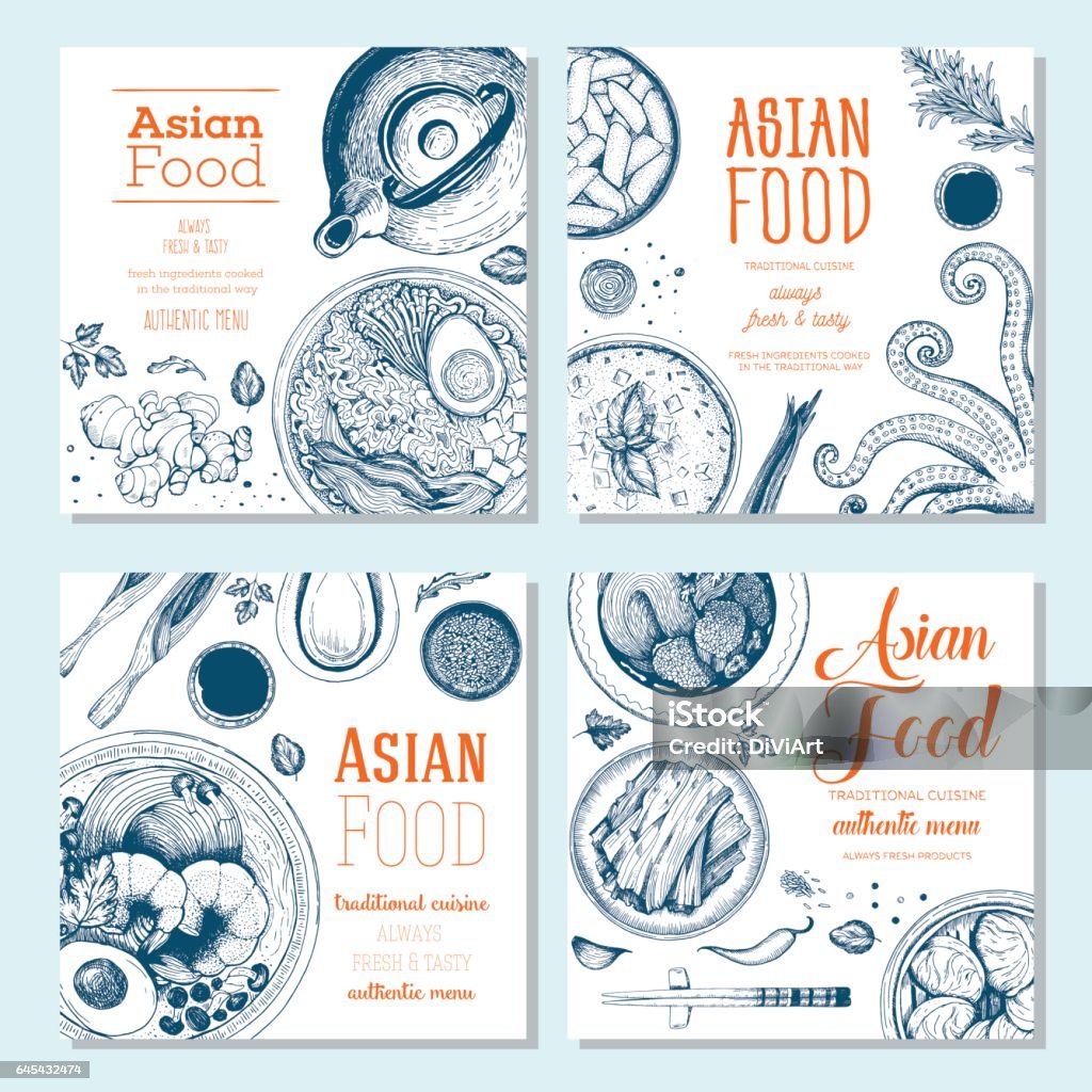 Asian food square banner collection. Asian food banner set. Asian food square banner collection. Linear graphic Chinese Food stock vector