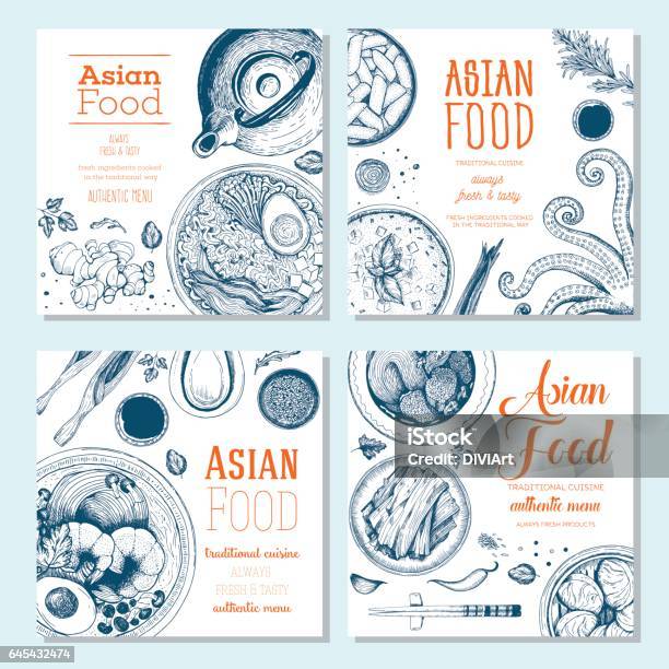 Asian Food Square Banner Collection Stock Illustration - Download Image Now - Chinese Food, Asia, Japanese Food