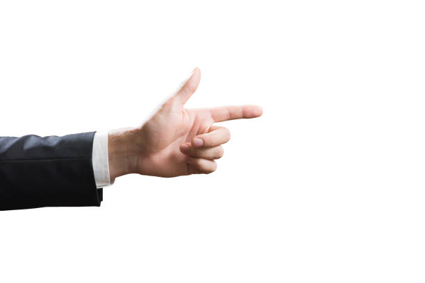 istock Business man's hand pointing isolated on white 645442768