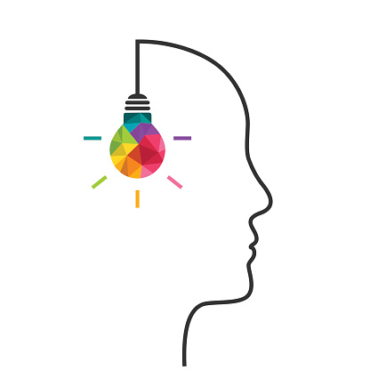 Creative thinking concept with colorful bulb hanging and human head silhouette