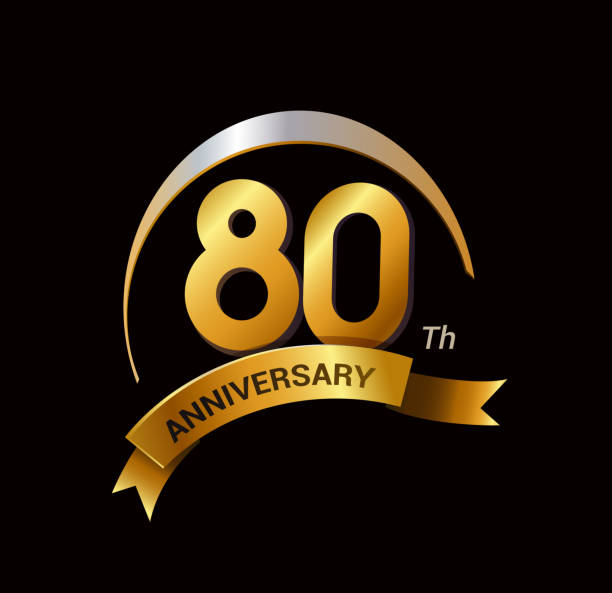 istock 80 years golden anniversary logo celebration with ring and ribbon. 645454582