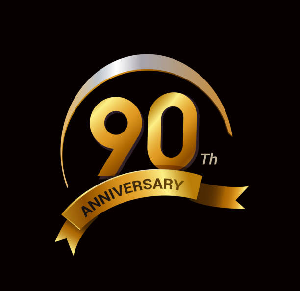 istock 90 years golden anniversary logo celebration with ring and ribbon. 645454702