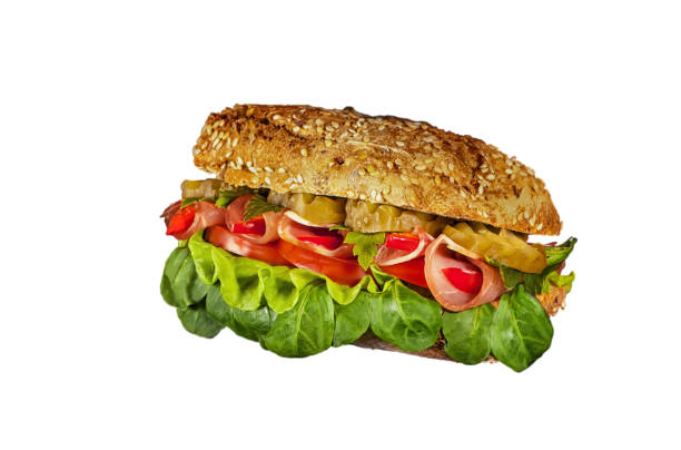 istock sandwich with ham, salted cucumber, pepper, lettuce and tomato on a white background 645455126