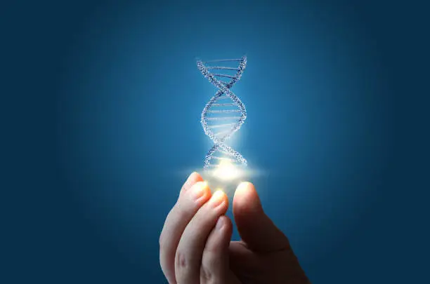 DNA in hand on blue background concept design.