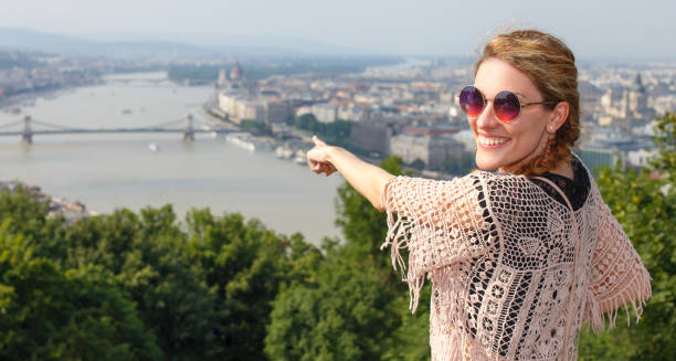 istock Young woman showing Budapest panorama, Hungary 645458412