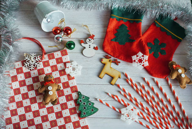 istock Christmas decorations and ornament on wooden background. View fr 645458866