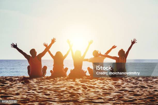 Group Happy People Beach Sea Sunset Concept Stock Photo - Download Image Now - Beach, Friendship, Summer