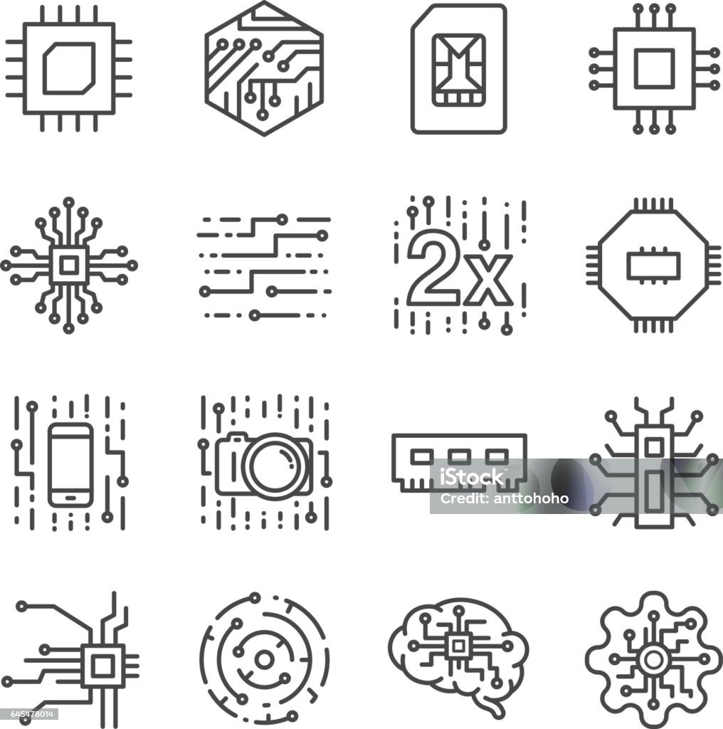 Digital chip processor icons set Icon Symbol stock vector