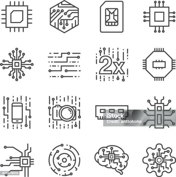 Digital Chip Processor Icons Set Stock Illustration - Download Image Now - Icon Symbol, Production Line, Circuit Board