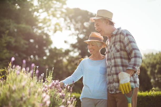 istock Senior couple looking at flowers in backyard 645481418