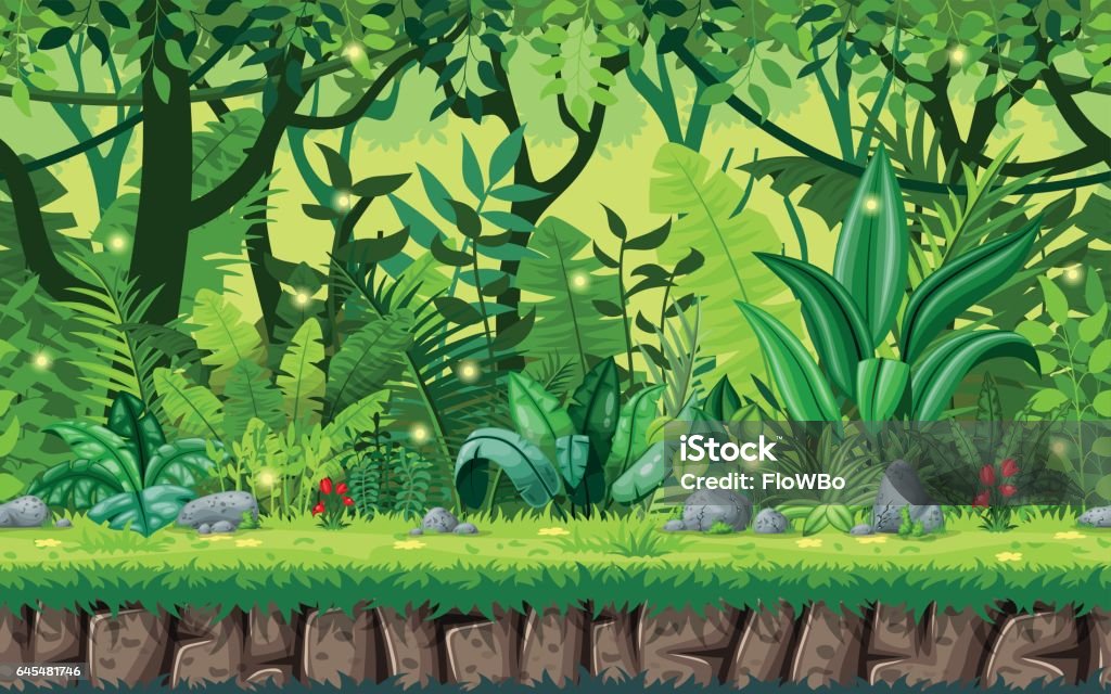 Seamless cartoon nature background. Vector illustration with separate layers. Rainforest stock vector