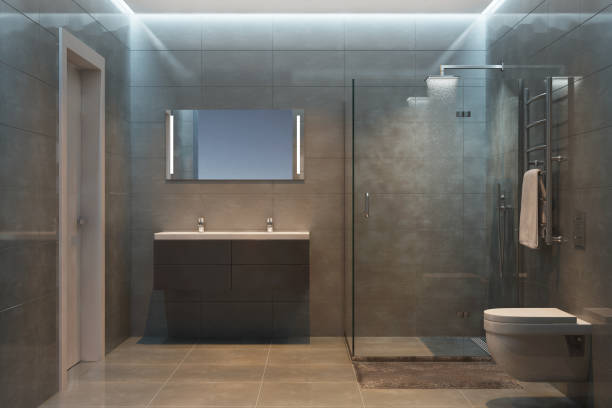 istock Gray modern shower room in the evening 645481926