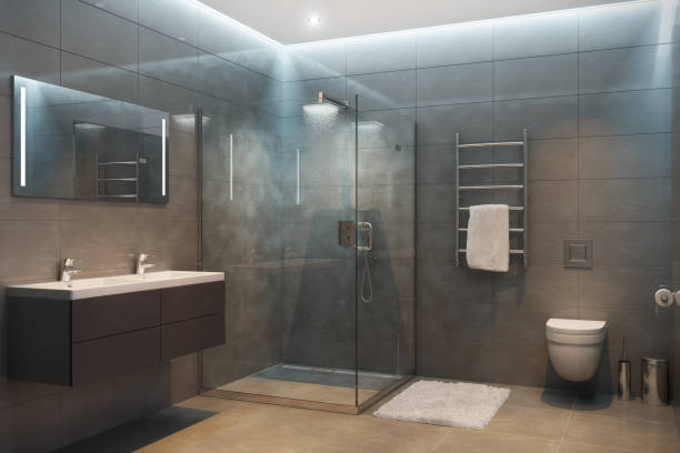 Gray modern shower room in the evening 3d render of Gray modern shower room in the evening vanity mirror stock pictures, royalty-free photos & images