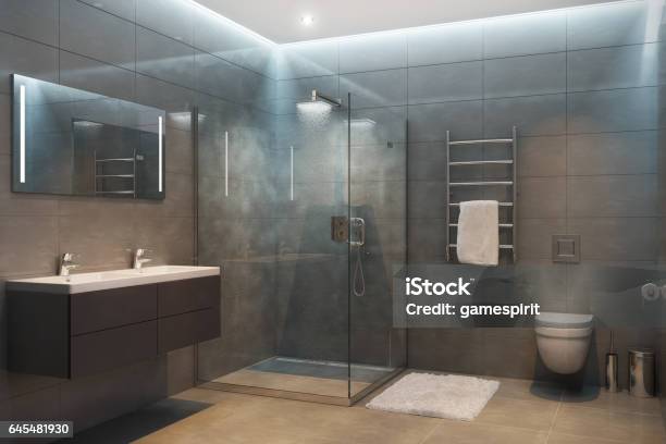 Gray Modern Shower Room In The Evening Stock Photo - Download Image Now - Bathroom, Shower, Domestic Bathroom