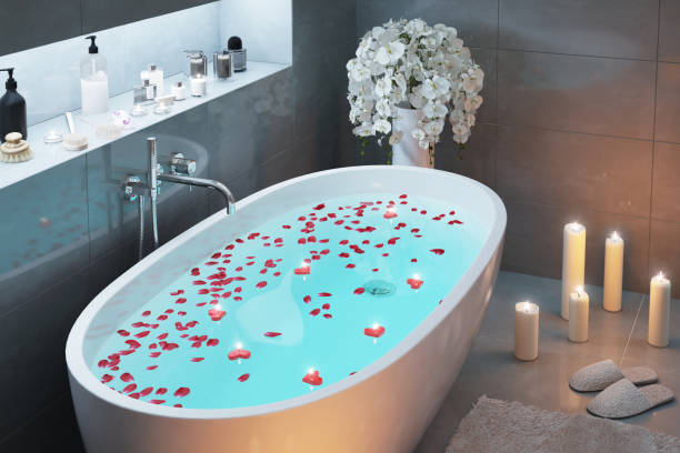 istock Romantic bath with candles in the evening 645484788