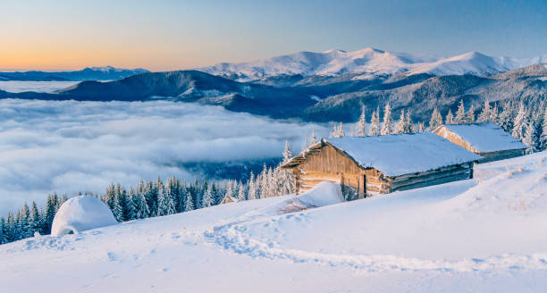 istock Fantastic winter landscape, the steps that lead to the cabin. Ma 645485096