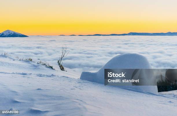 Yurt At Sunset In Winter Fog Mountains Happy New Year In Antic Stock Photo - Download Image Now