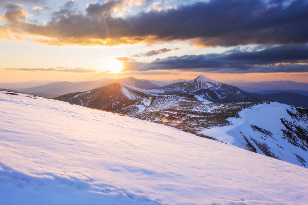 istock Colorful spring sunset over the mountain ranges in the national 645495342