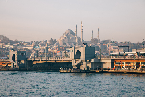Eminonu square, Suleymaniye Mosque and Galata Bridge in Istanbul City view from Karakoy