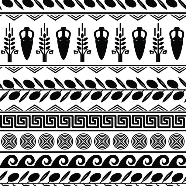 bezszwowy wzór z oliwkami, pszenicą, amforą i greckimi symbolami. - pattern seamless backgrounds greek culture stock illustrations