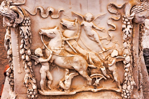 roman empire marble handmade basrelief with angels and horses - mythology marble close up architecture imagens e fotografias de stock
