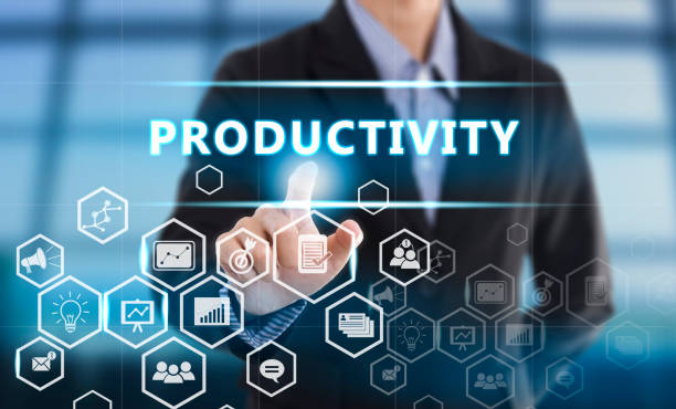 istock Businessman hand pressing button Productivity. sign on virtual screen. 645525350
