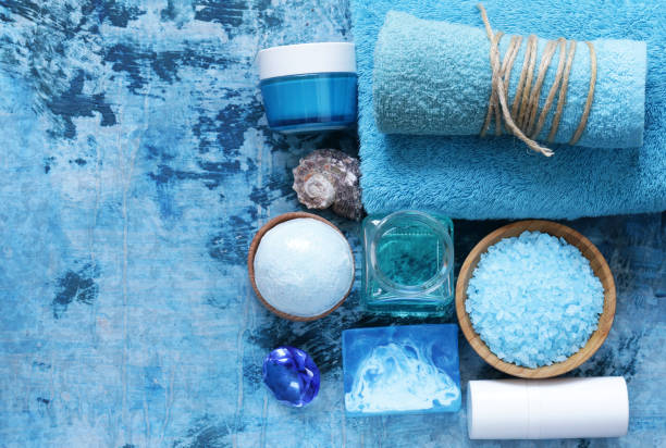 istock Spa concept turquoise - soap, salt, cream, towel 645530876