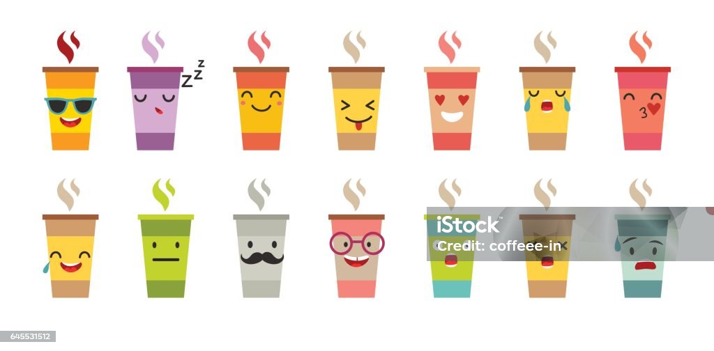 Cup of coffee/tea vector set. Cup of coffee/tea vector set. Cartoon cute mug with face emoticons. Coffee cup logo funny stickers, flat cartoon style Backgrounds stock vector