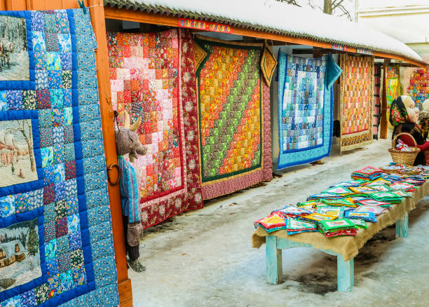istock Market series with bright colorful patchwork quilts in winter sunny day 645537424