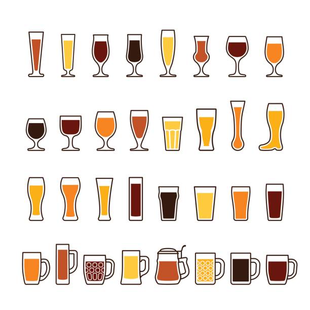 пиво в очках и кружках, разных видах. набор значков векторов - tulipe cup stock illustrations