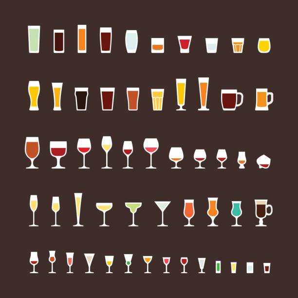 illustrazioni stock, clip art, cartoni animati e icone di tendenza di set di icone piatte tipi di vetro - whisky shot glass glass beer glass