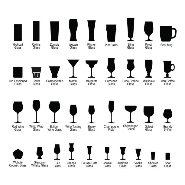 ilustraciones, imágenes clip art, dibujos animados e iconos de stock de bar la cristalería con nombres, configurar los iconos de la silueta negra - glass of wine