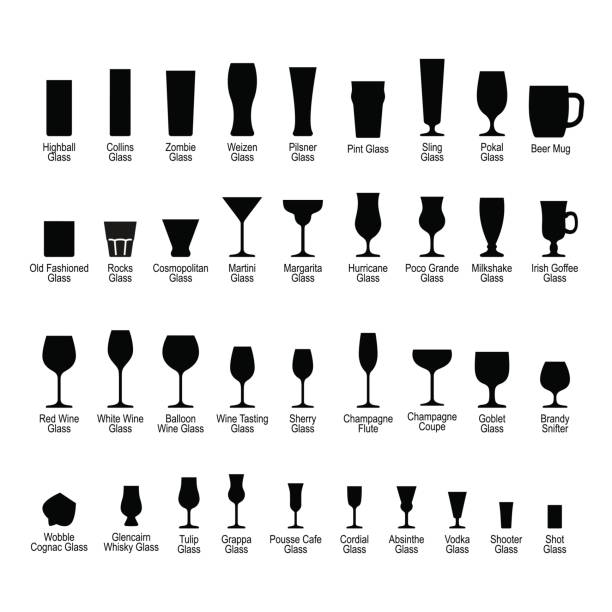 бар стеклянная посуда с именами, черный силуэт иконки набор - drink glass stock illustrations