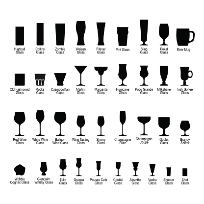 Bar glassware with names, black silhouette icons set, vector illustration.