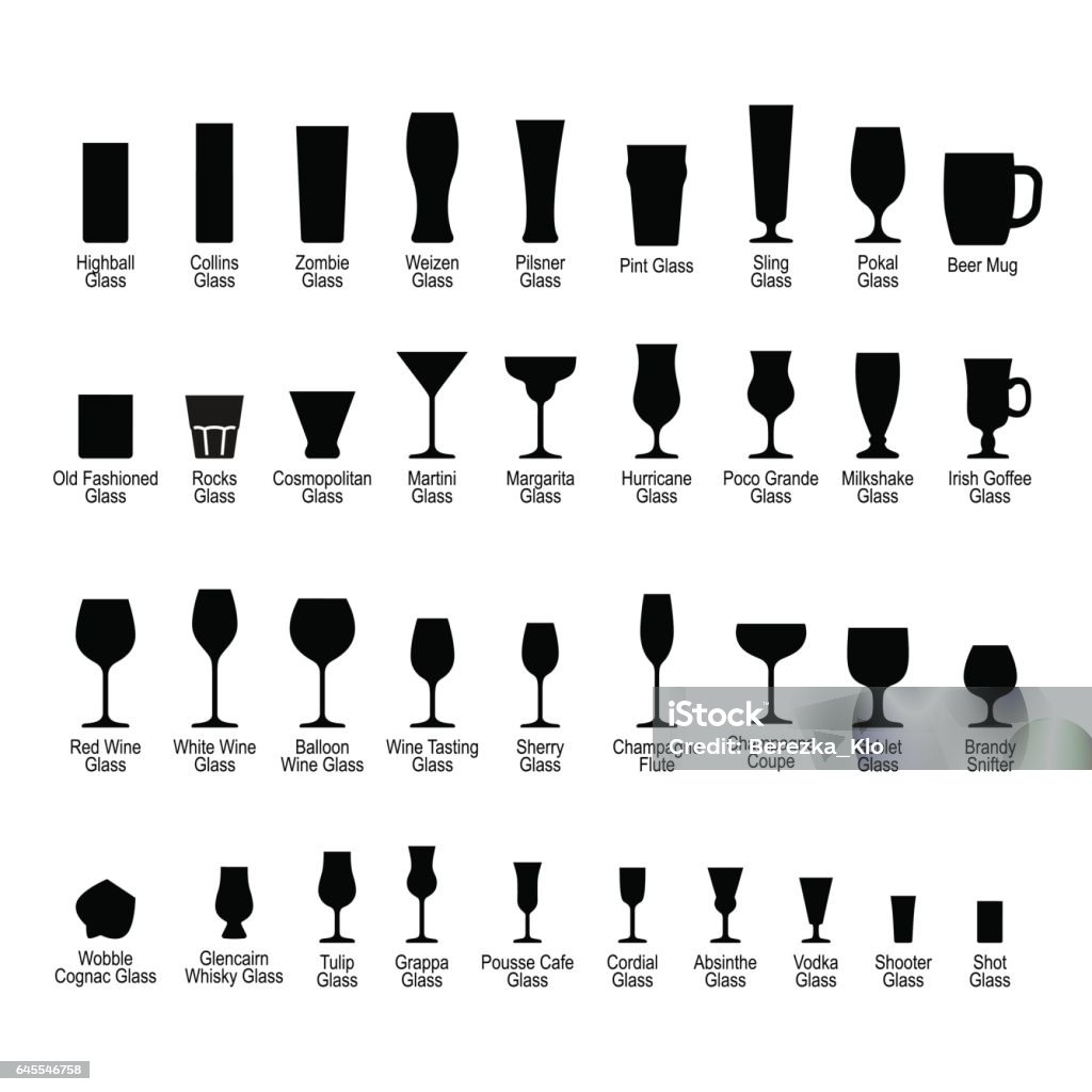Bar glassware with names, black silhouette icons set Bar glassware with names, black silhouette icons set, vector illustration. Drinking Glass stock vector