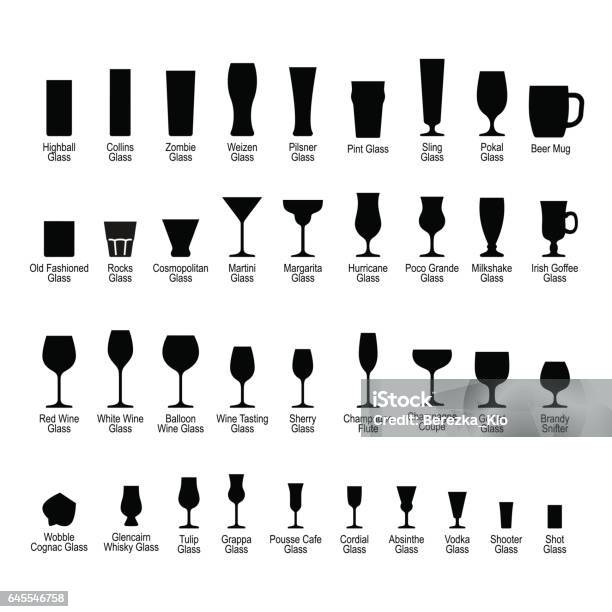 Bar Glassware With Names Black Silhouette Icons Set Stock Illustration - Download Image Now