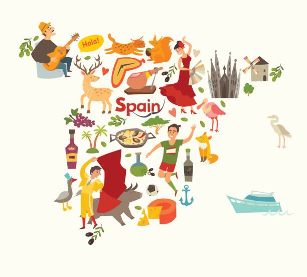 hiszpania wektor mapy, kontur. ilustrowana mapa hiszpanii dla dzieci - art symbol icon set music stock illustrations