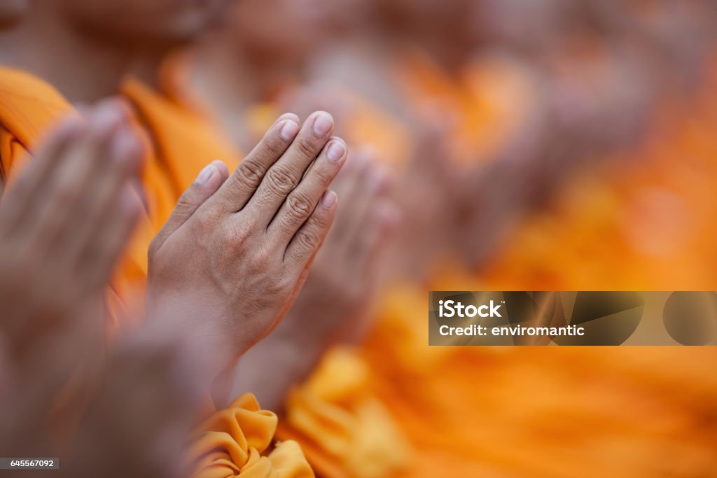 Thai Buddhist monks wai-ing in respect of the Lord Buddha at a Buddhist temple in Thailand. Selective focus on the hands in the foreground. Thai Buddhist monks wai-ing in respect of the Lord Buddha at a Buddhist temple during a Buddhist ceremony in Thailand. Selective focus on the hands in the foreground. Good copy space on the right of the image. Monk - Religious Occupation Stock Photo