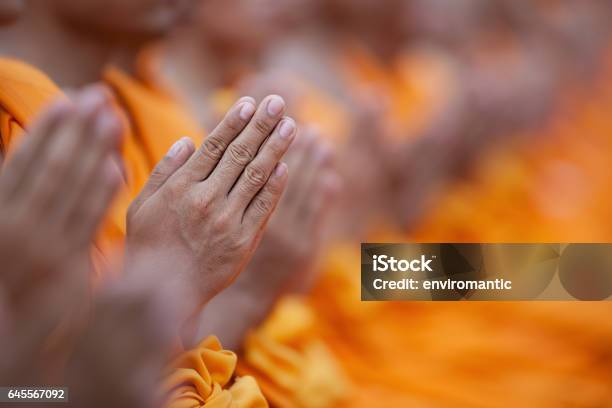 Thai Buddhist Monks Waiing In Respect Of The Lord Buddha At A Buddhist Temple In Thailand Selective Focus On The Hands In The Foreground Stock Photo - Download Image Now
