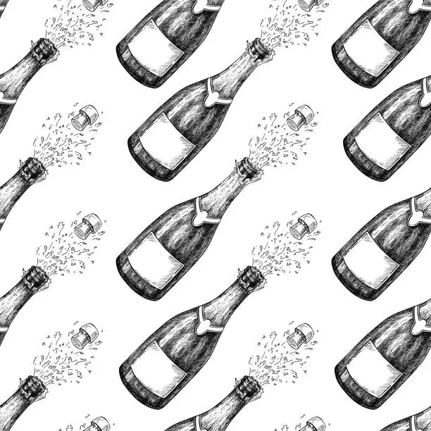 Vector illustration of Champagne seamless pattern. Bottle explosion. Hand drawn isolated vector