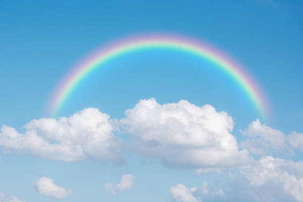 雨の後、青空を横切る美しい古典的な虹 - 虹 ストックフォトと画像