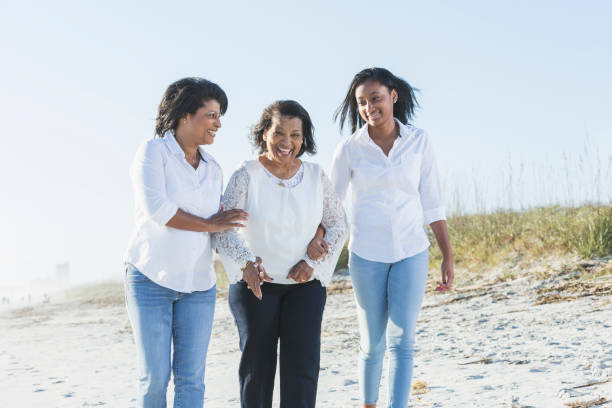 istock Three generations of black women walking on beach 645597892