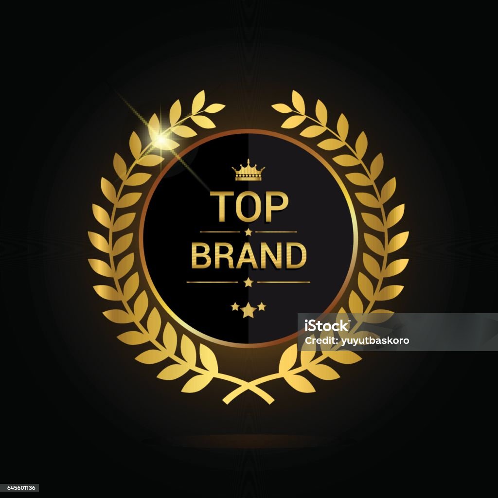 Top brand award label golden colored, vector illustration. Top brand award label golden colored with ribbon and crown, vector illustration. Achievement stock vector