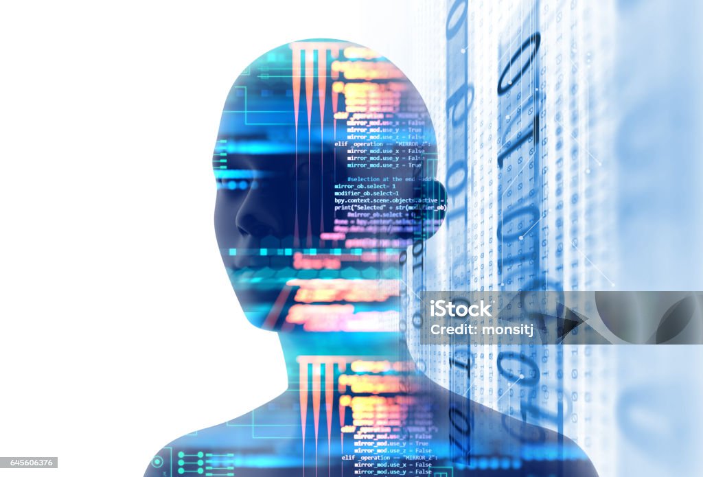 double exposure image of virtual human 3dillustration double exposure image of virtual human 3dillustration on programming and learning technology   Artificial Intelligence stock illustration