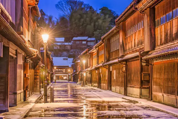 Kanazawa, Japan at  the historic Higashi Chaya District in the winter.