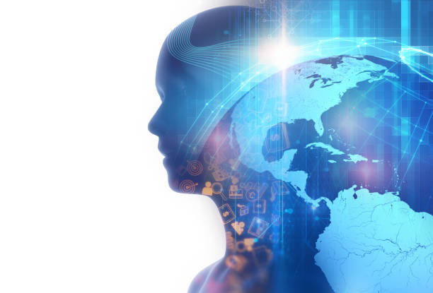 istock double exposure image of virtual human on world map 3dillustration 645609818