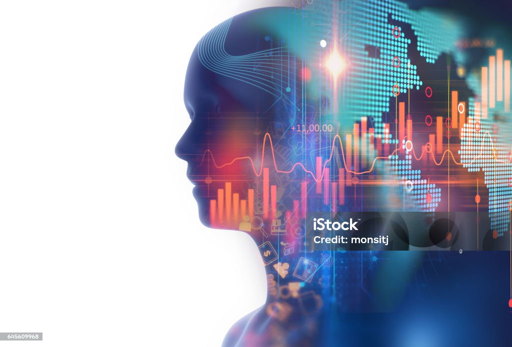 double exposure image of financial graph and virtual human 3dillustration double exposure image of financial graph and virtual human 3dillustration  on business technology   Multiple Exposure Stock Photo