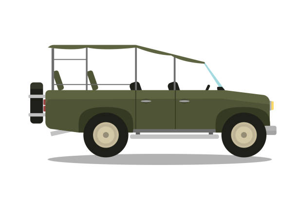 istock Vector safari travel compass, rifle, binoculars and jeep car 645612278