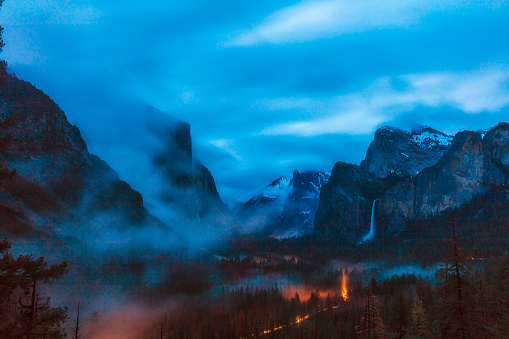 Yosemite National Park, Sunset, fog, Famous Place, International Landmark